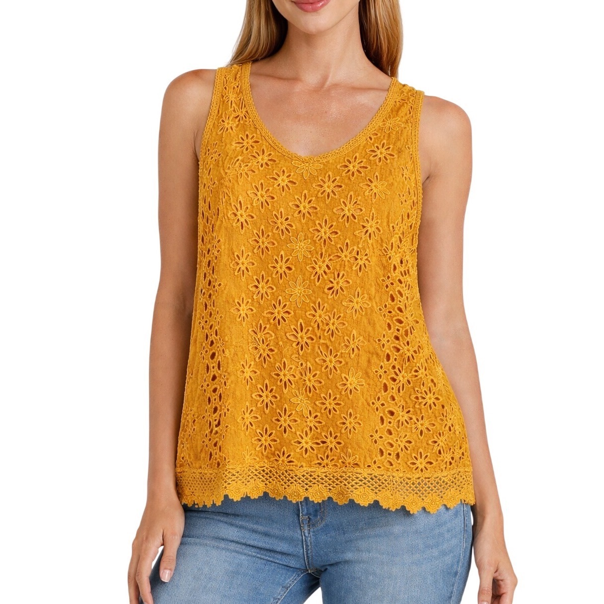 Johnny Was Carden Tank Persimmon Yellow Floral Eyelet Rayon Top Small Boho Small